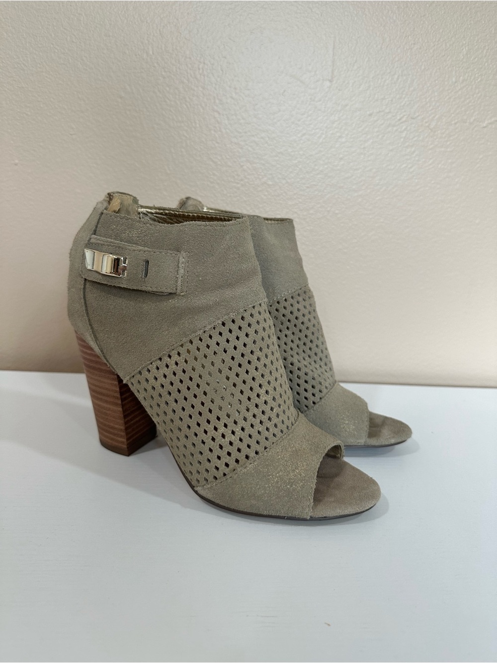 DV by Dolce Vita Taupe Perforated Peep-Toe Block Heel Booties